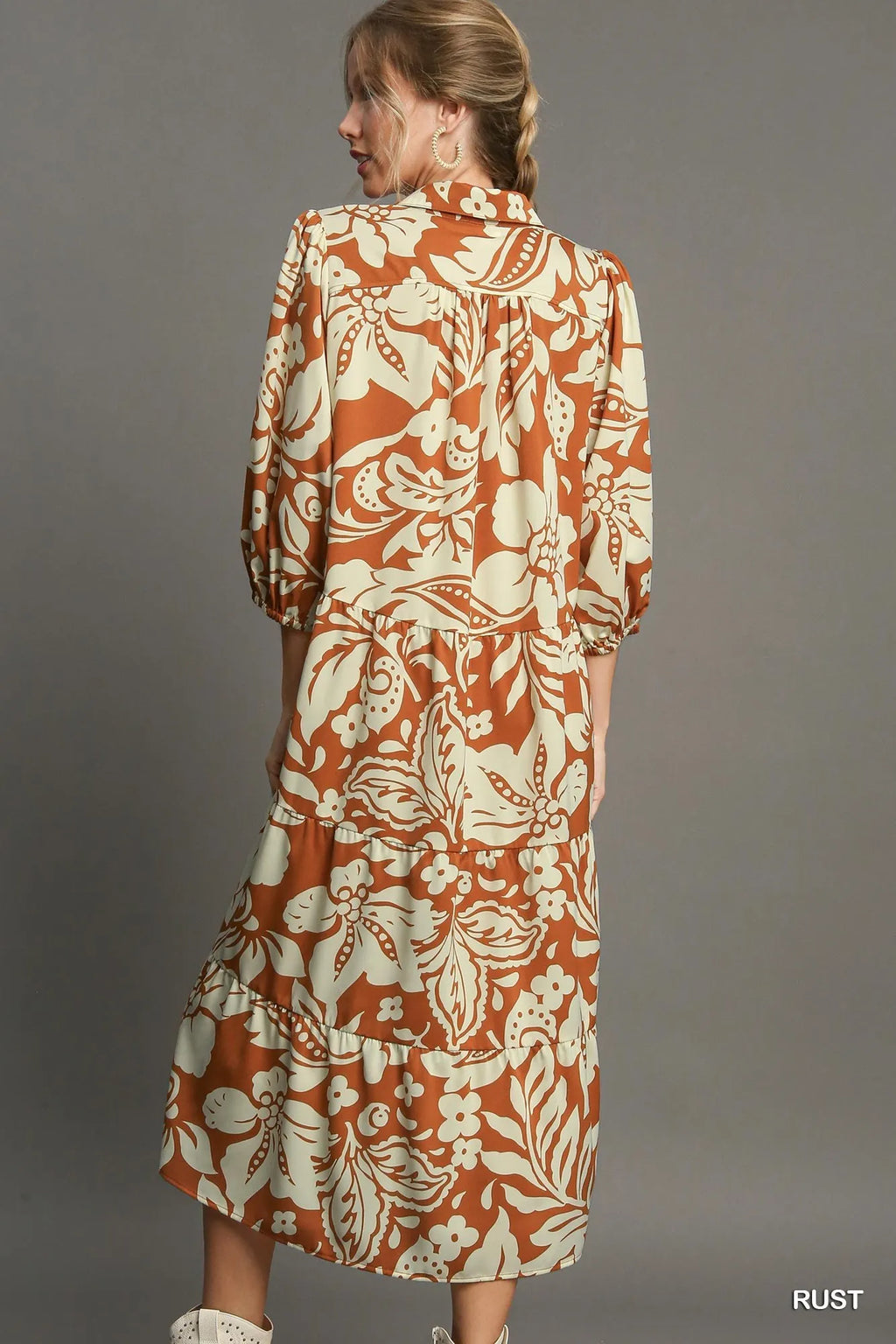 Umgee Full Size Floral Tiered Midi Shirt Dress Plus Size
