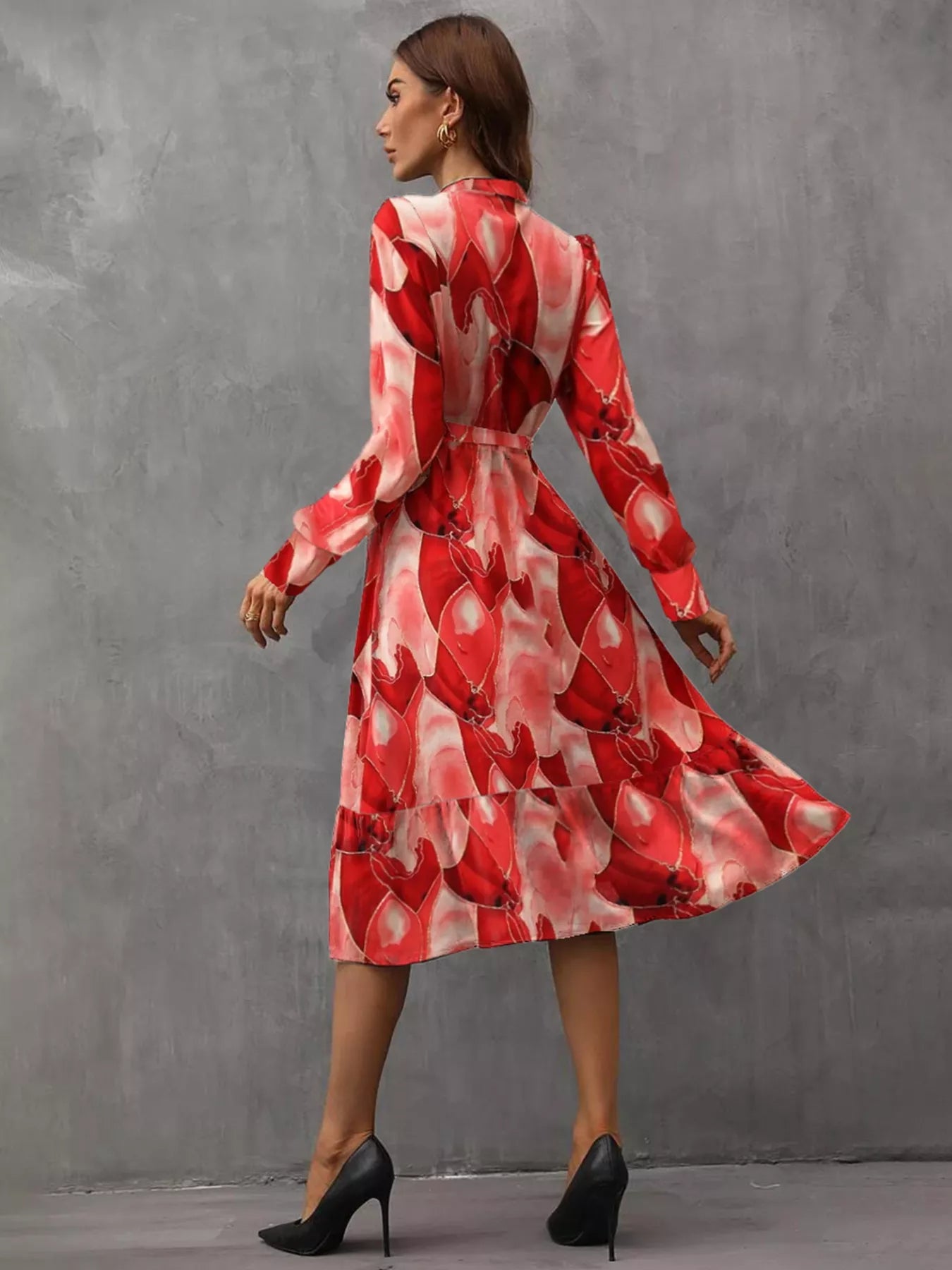 Notched Tie Waist Long Sleeve Dress