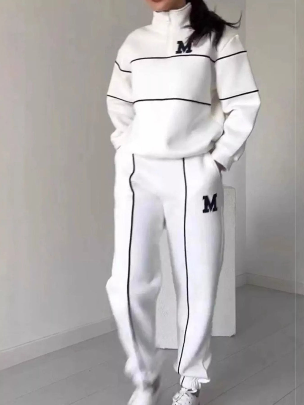 Full Size Striped Quarter Zip Top and Pants Set Plus Size