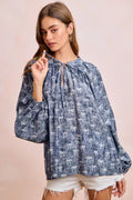 BiBi Ribbon Bow Print Exaggerated Balloon Sleeves Top