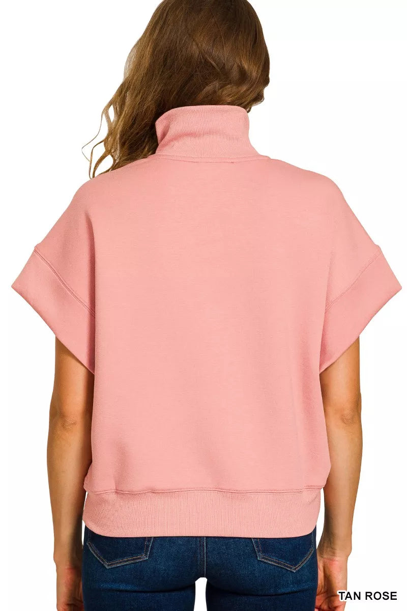 Zenana Full Size Scuba High Neck Half Zip Short Sleeve Top Plus Size