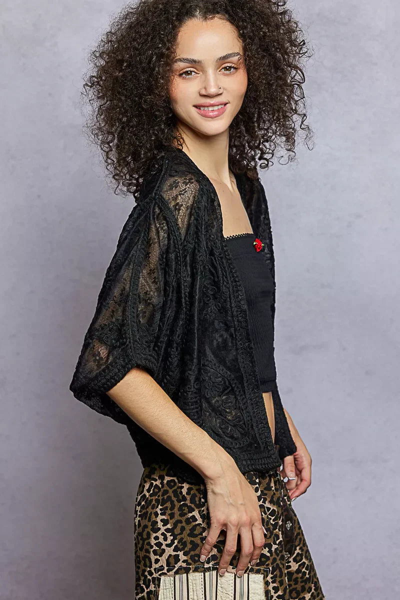 POL Open Front Crochet Cardigan with Floral Embroidery