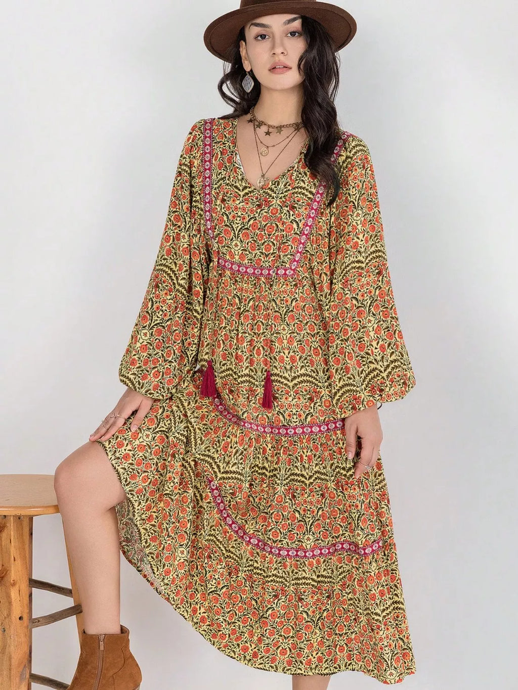 Floral Tiered Midi Dress with Balloon Sleeves