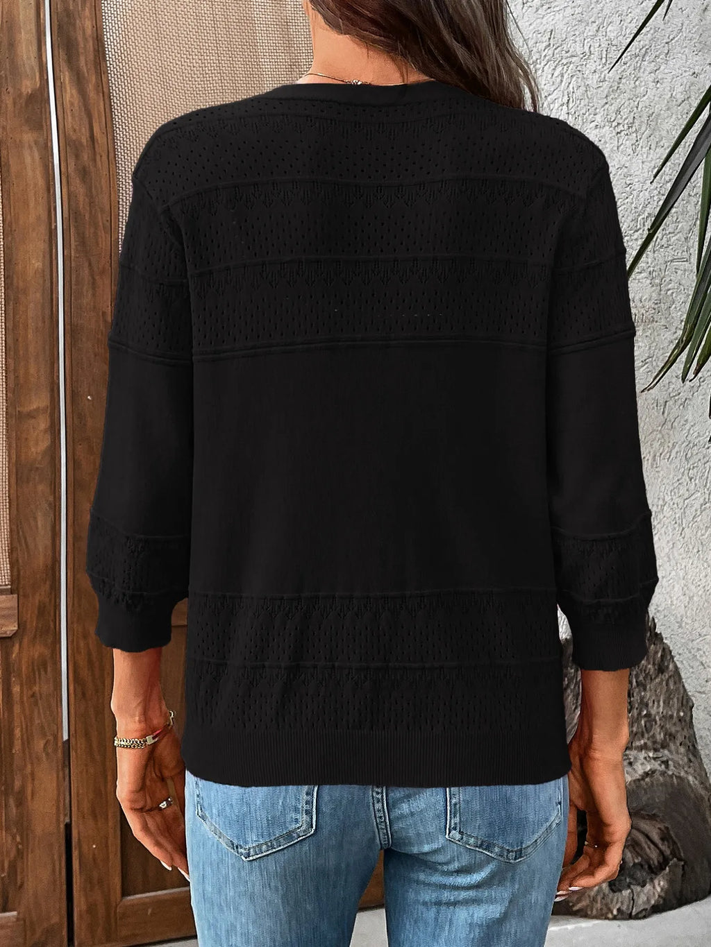 Textured Button-Front Cardigan with 3/4 Sleeves