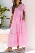 Striped Puff Sleeve V-Neck Maxi Dress