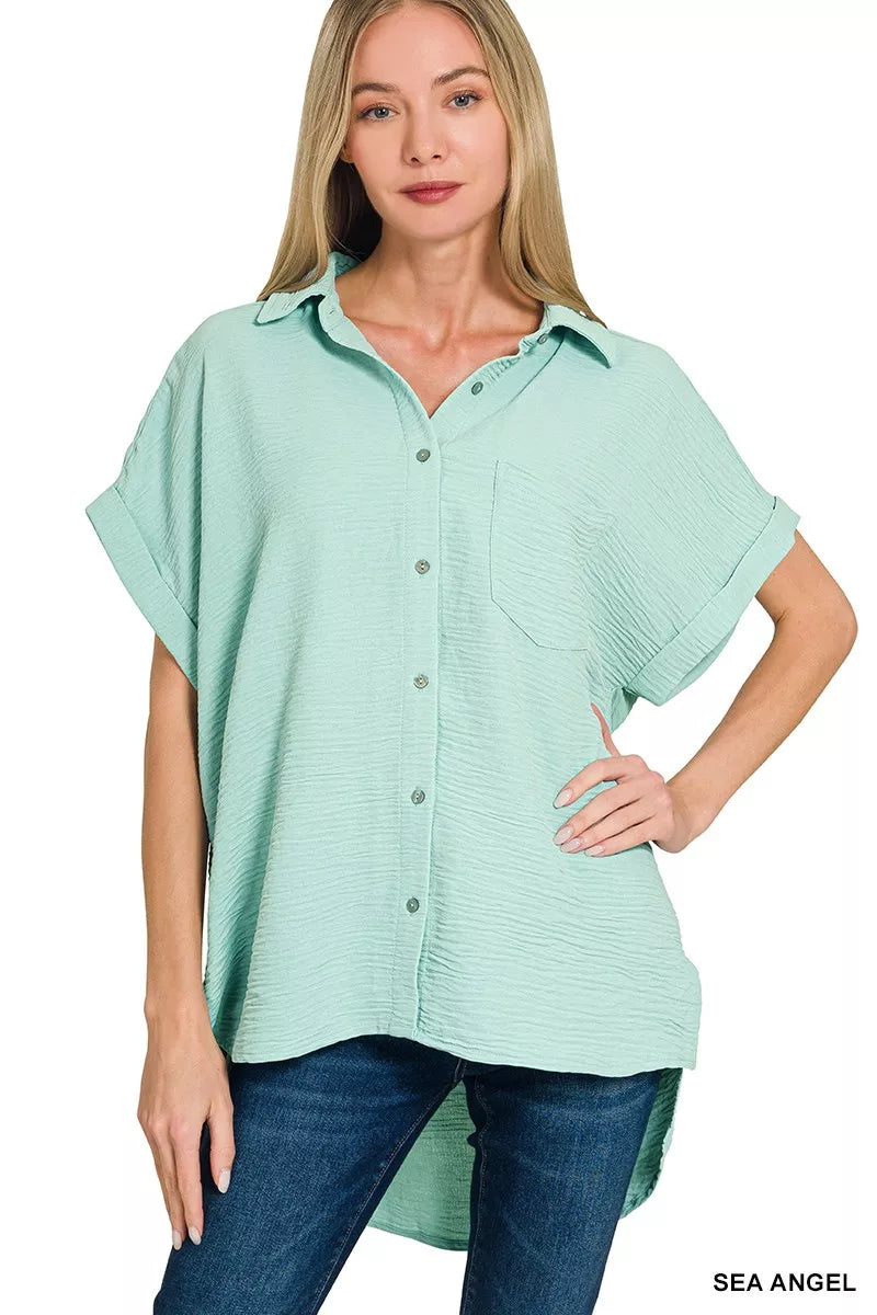 Zenana Woven Airflow Button Down Shirt