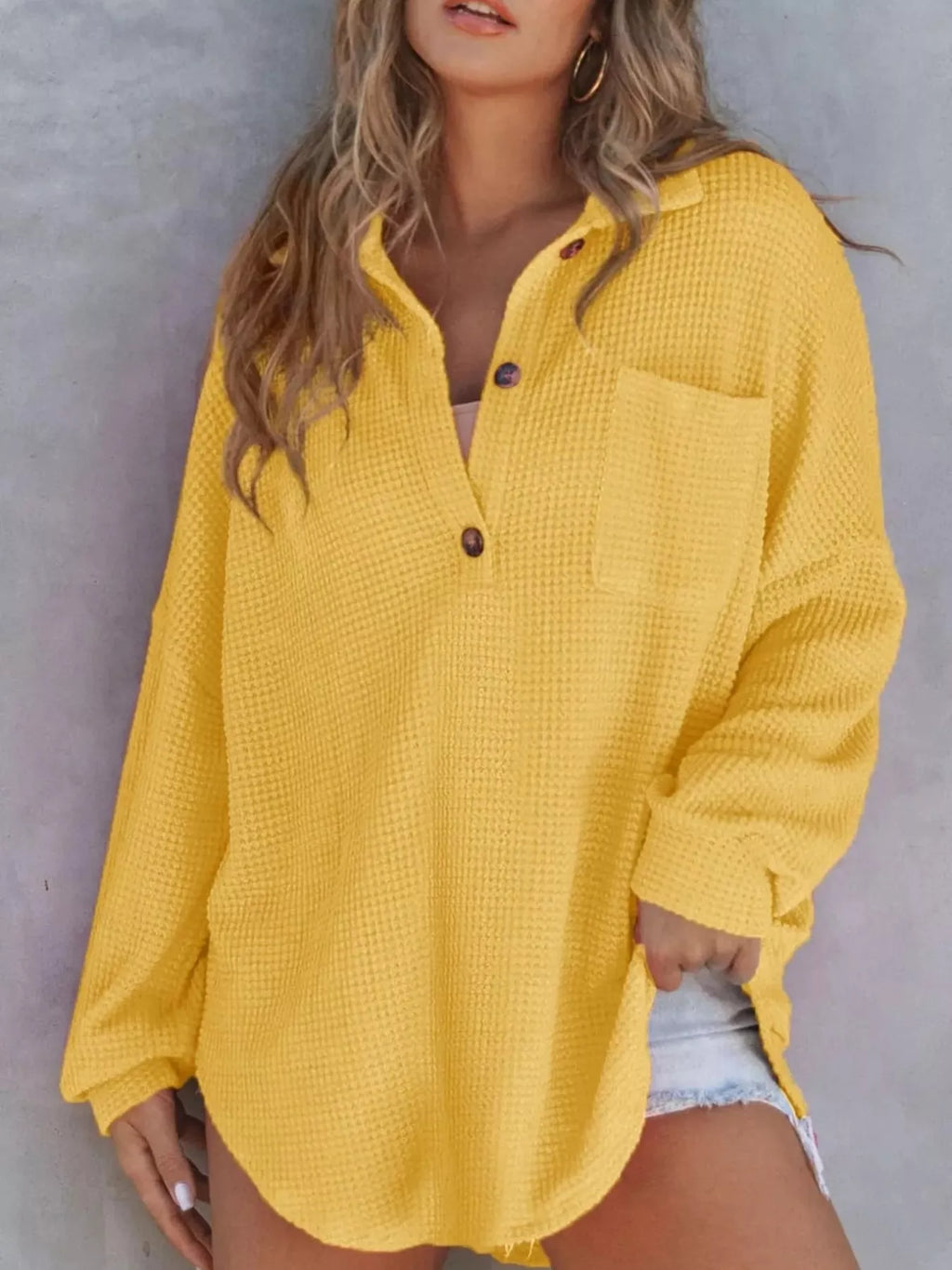 Casual Waffle Knit Button Detail Blouse