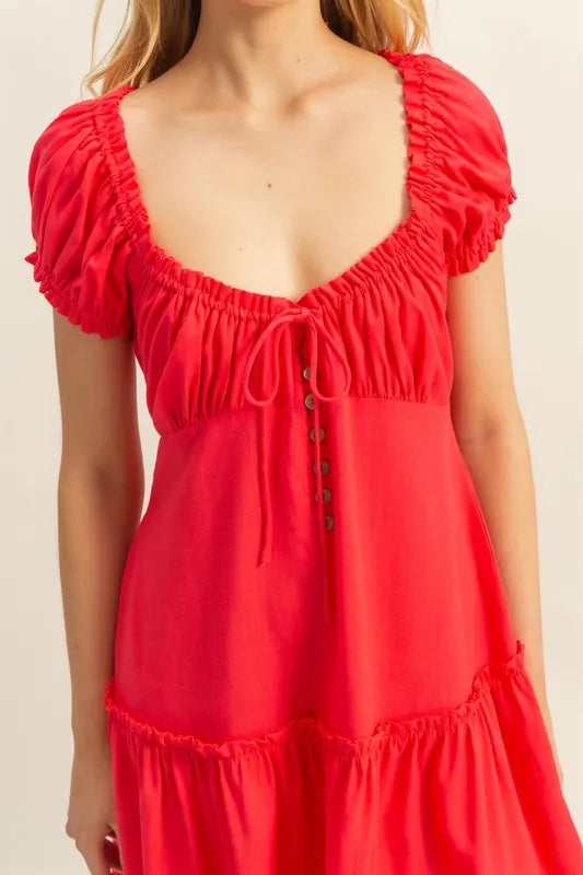 HYFVE Ruched Frill Tiered Short Sleeve Mini Dress