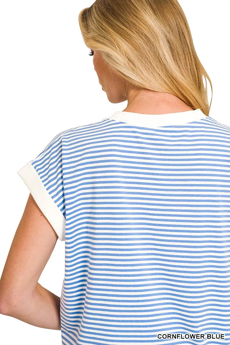 Zenana Striped Round Neck Short Sleeve Contrast Trim T-Shirt