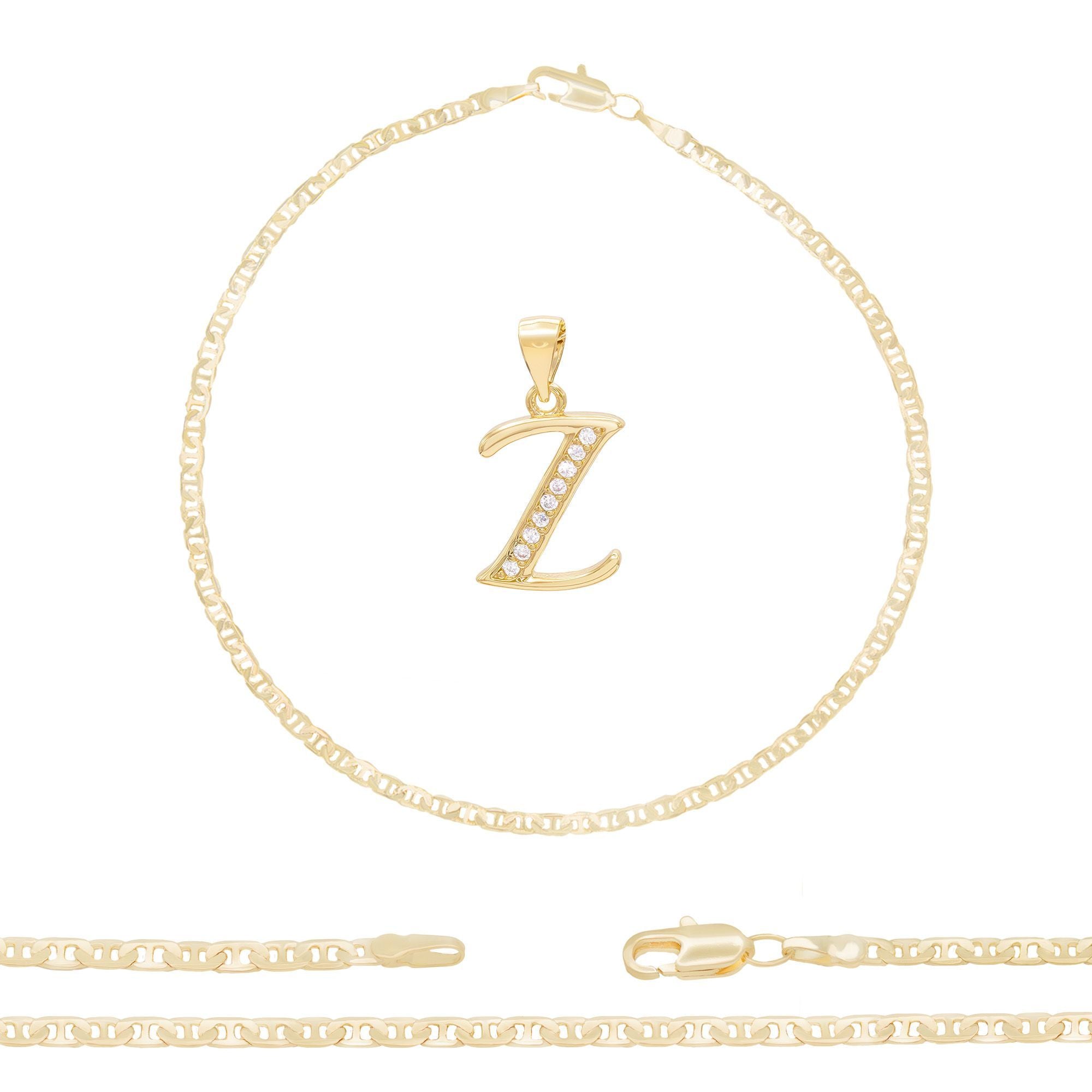 A-Z Initial Letter Pendant 14K Gold Filled Cubic Zirconia Mariner Chain Anklet 10" Set 3 mm  Women Jewelry