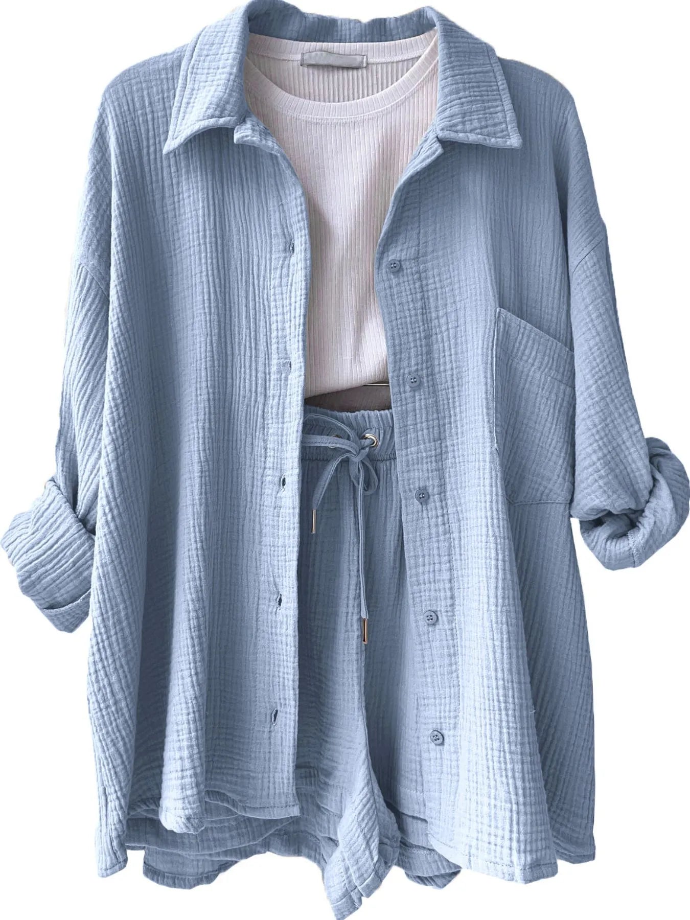 Textured Button Up Shirt and Shorts Set