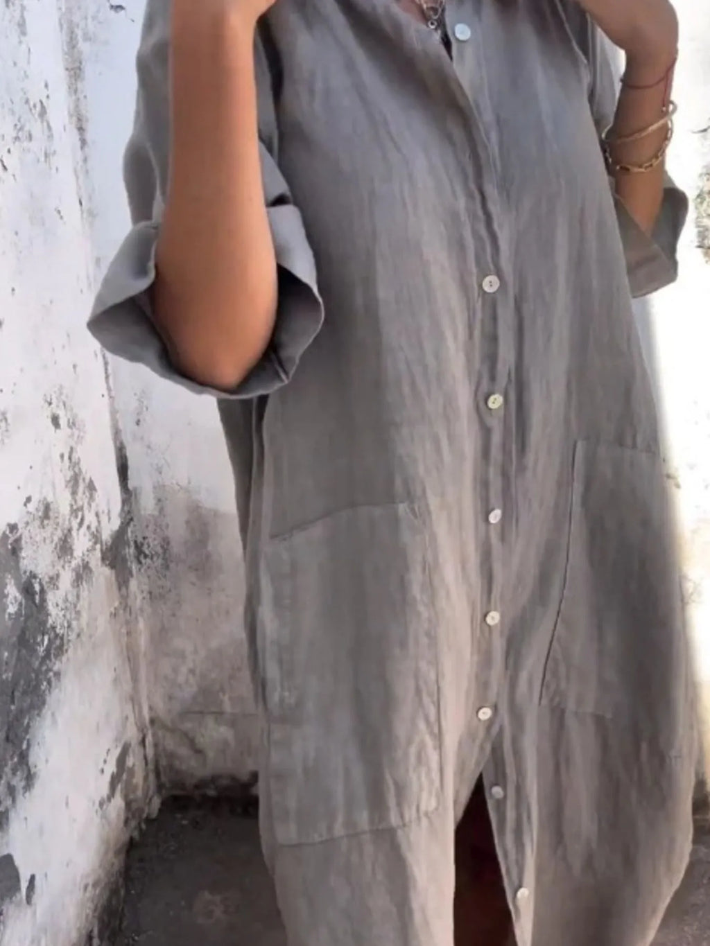 Full Size Casual Linen Button-Down Shirt Dress Plus Size