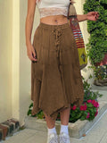 Asymmetrical Hem Midi Skirt with Drawstring Waist
