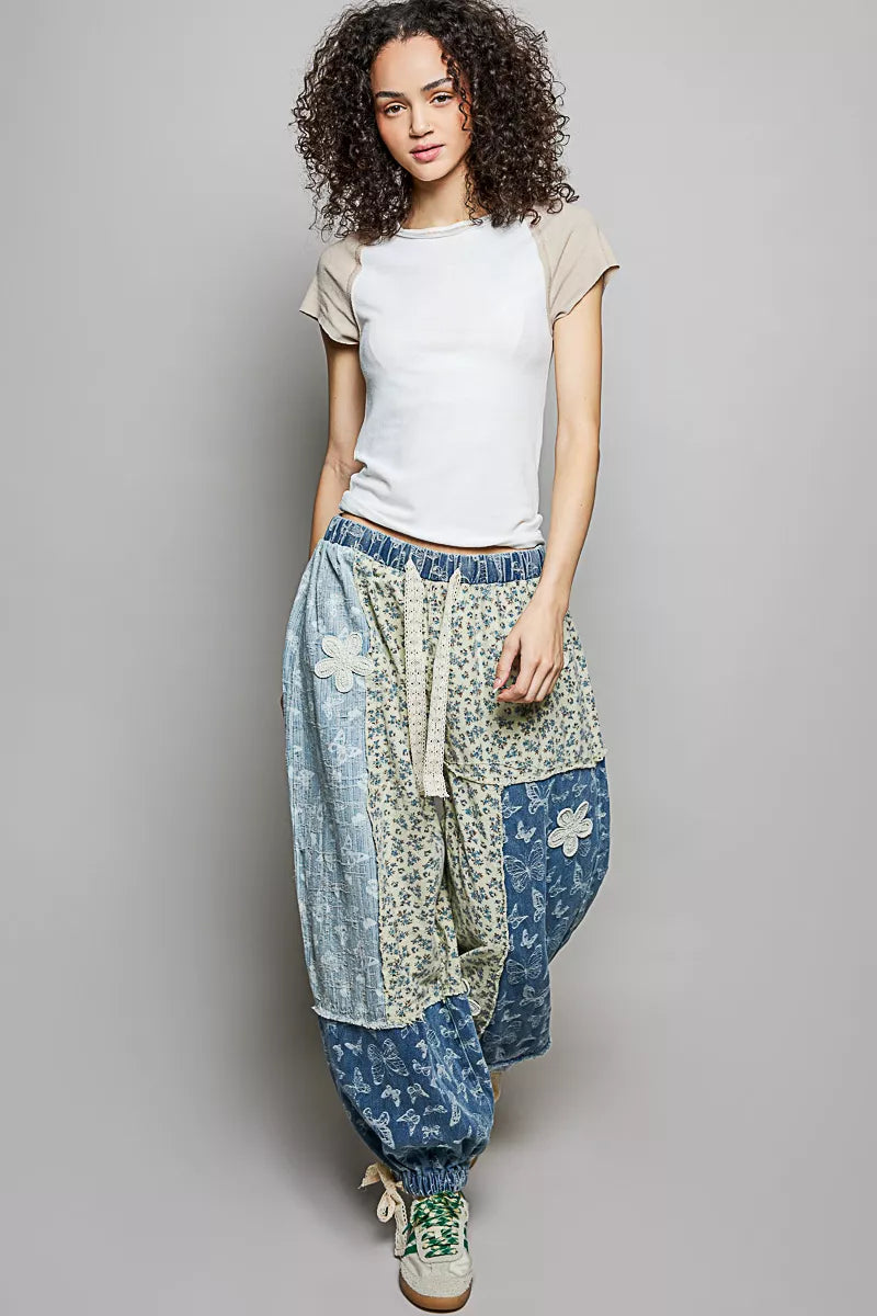 POL Round Neck Outseam Detail T-Shirt with Contrast Color Sleeves