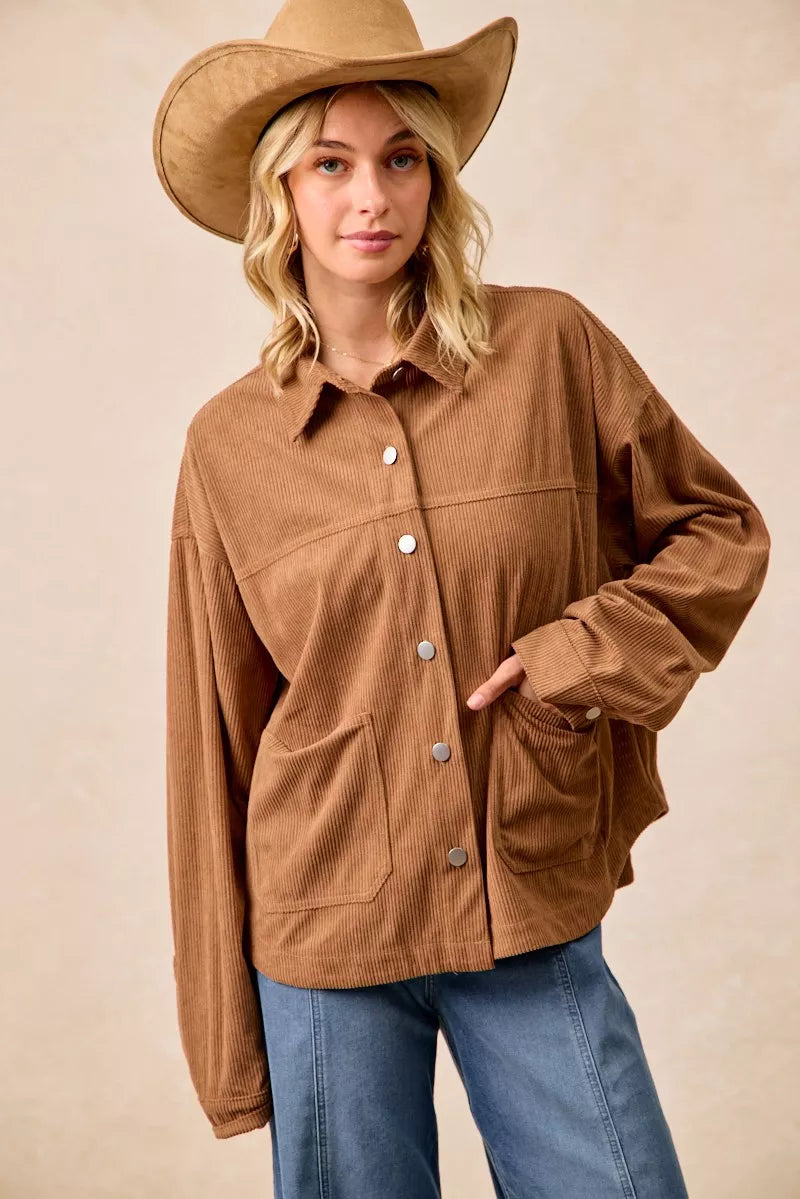 BiBi Corduroy Relaxed Fit Shacket with Back Pleat