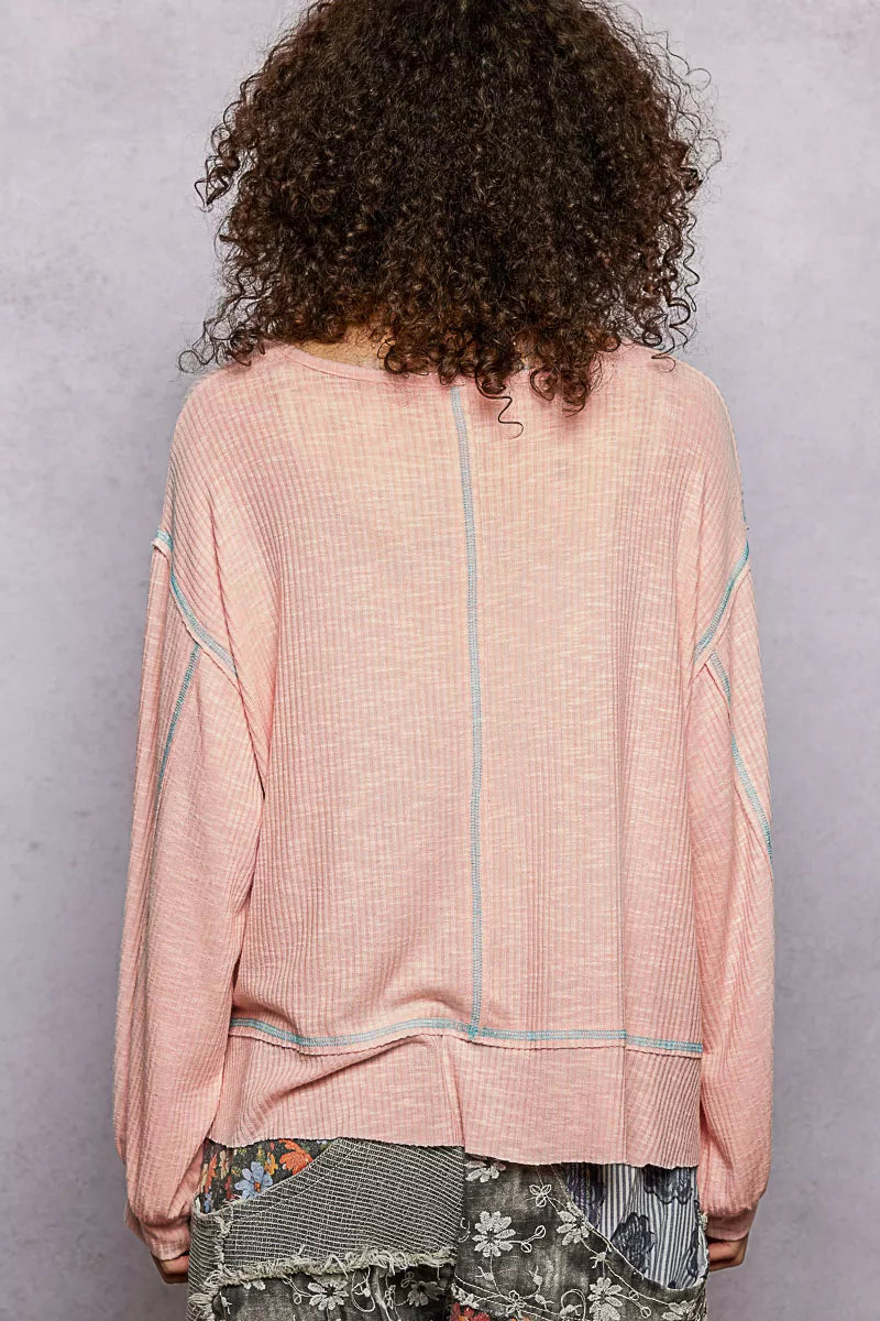 POL Round Neck Long Sleeve Exposed Seam Top with Chest Pocket