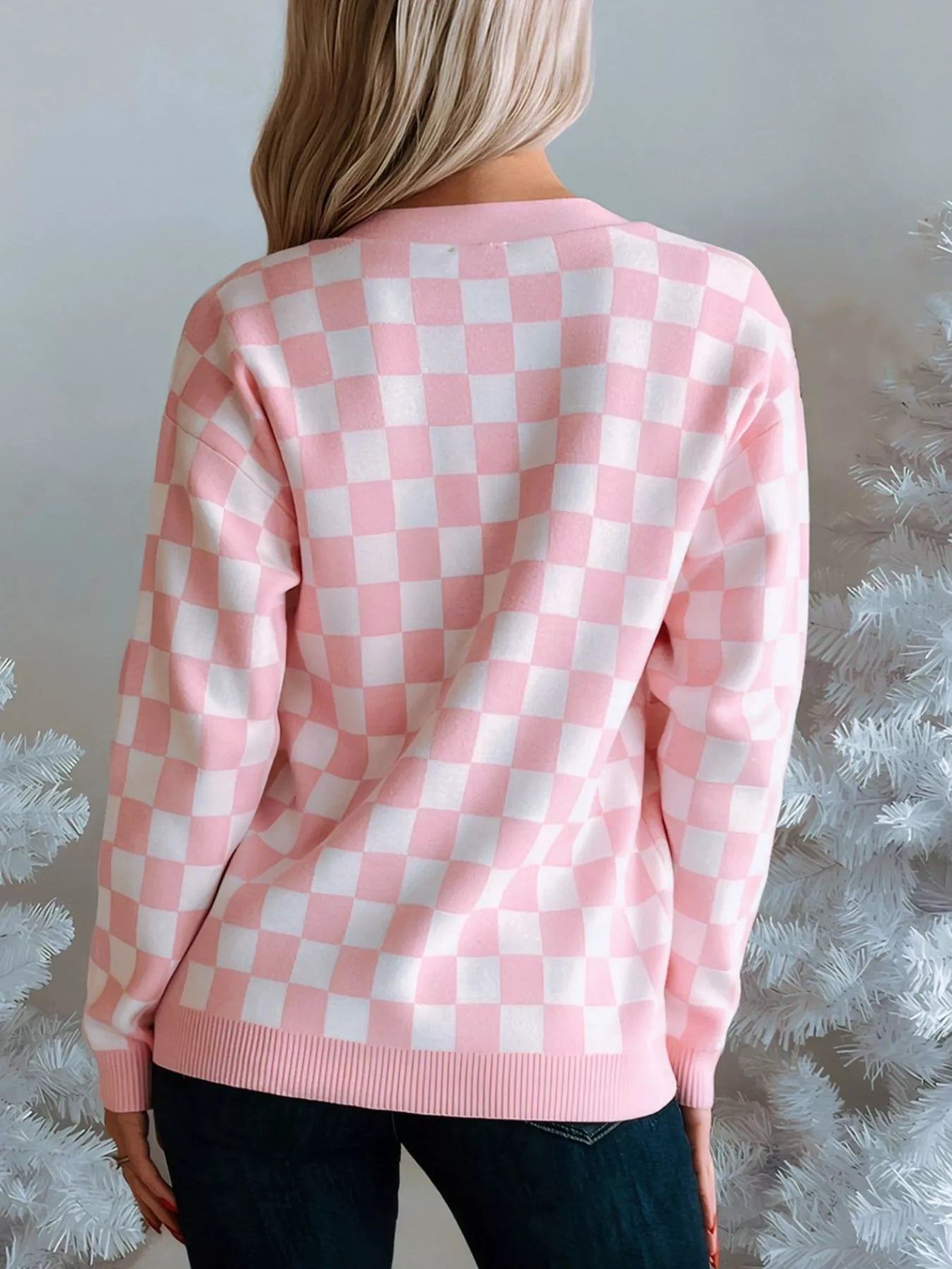 Christmas Tree Pattern Checkered Button V Neck Cardigan