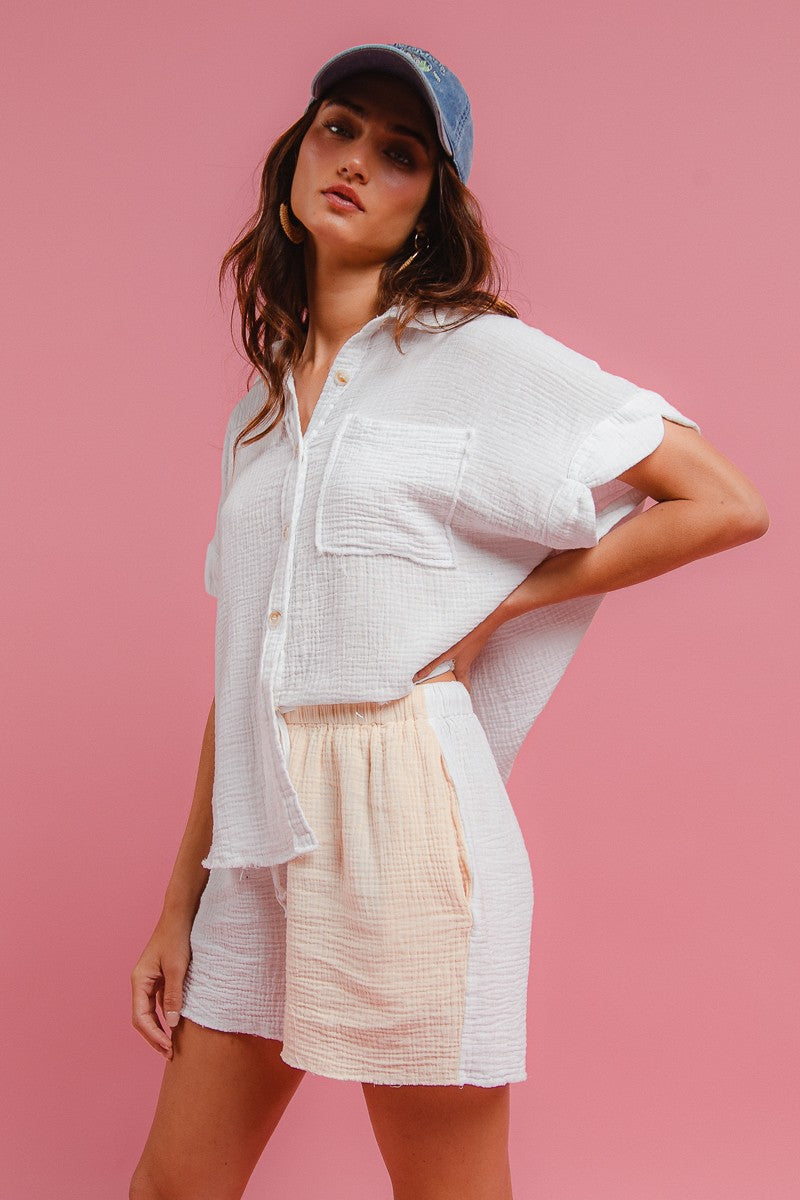 BiBi Wrinkled Gauze Solid Shirts Top and Shorts Set