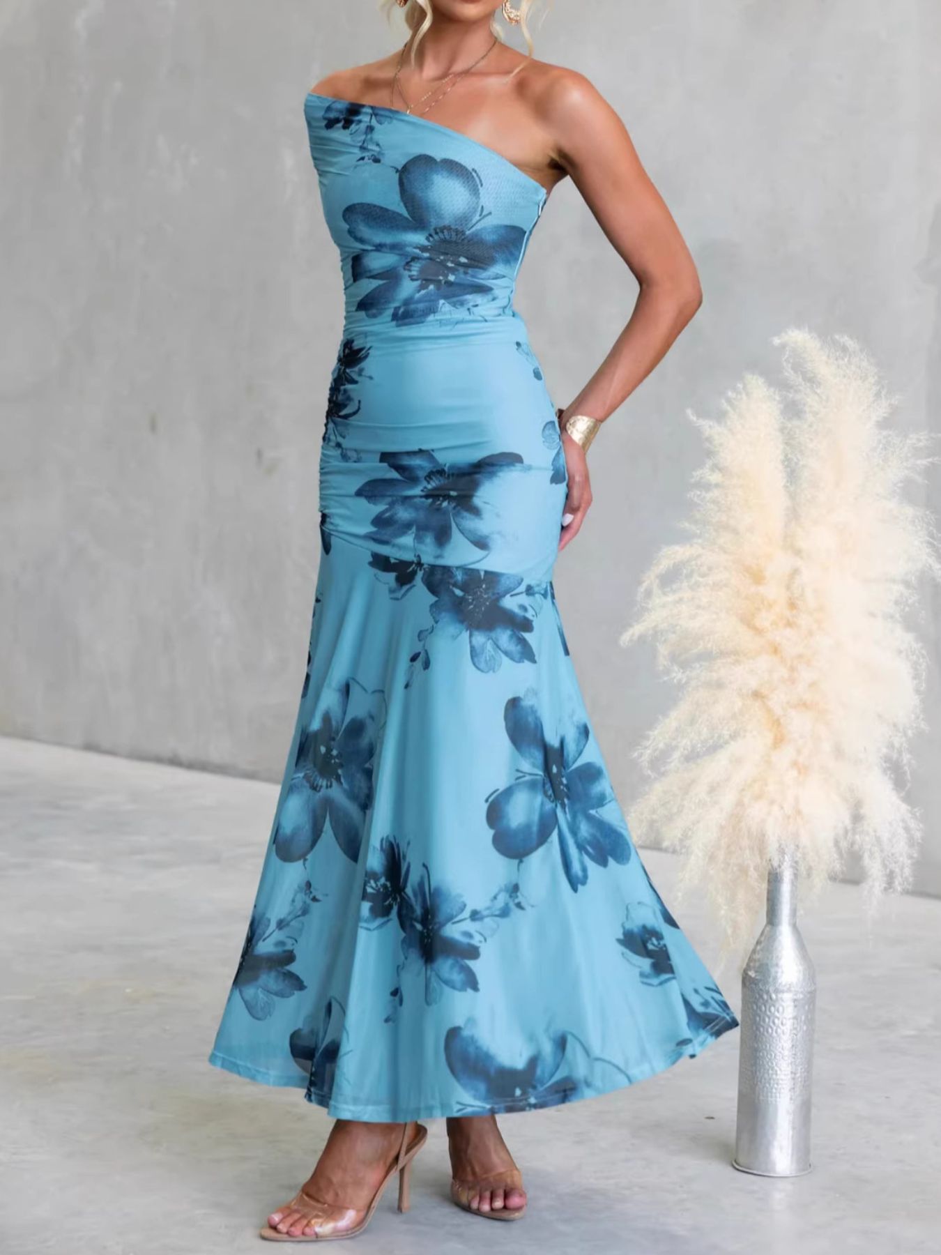 Floral Print One-Shoulder Ruched Maxi Dress