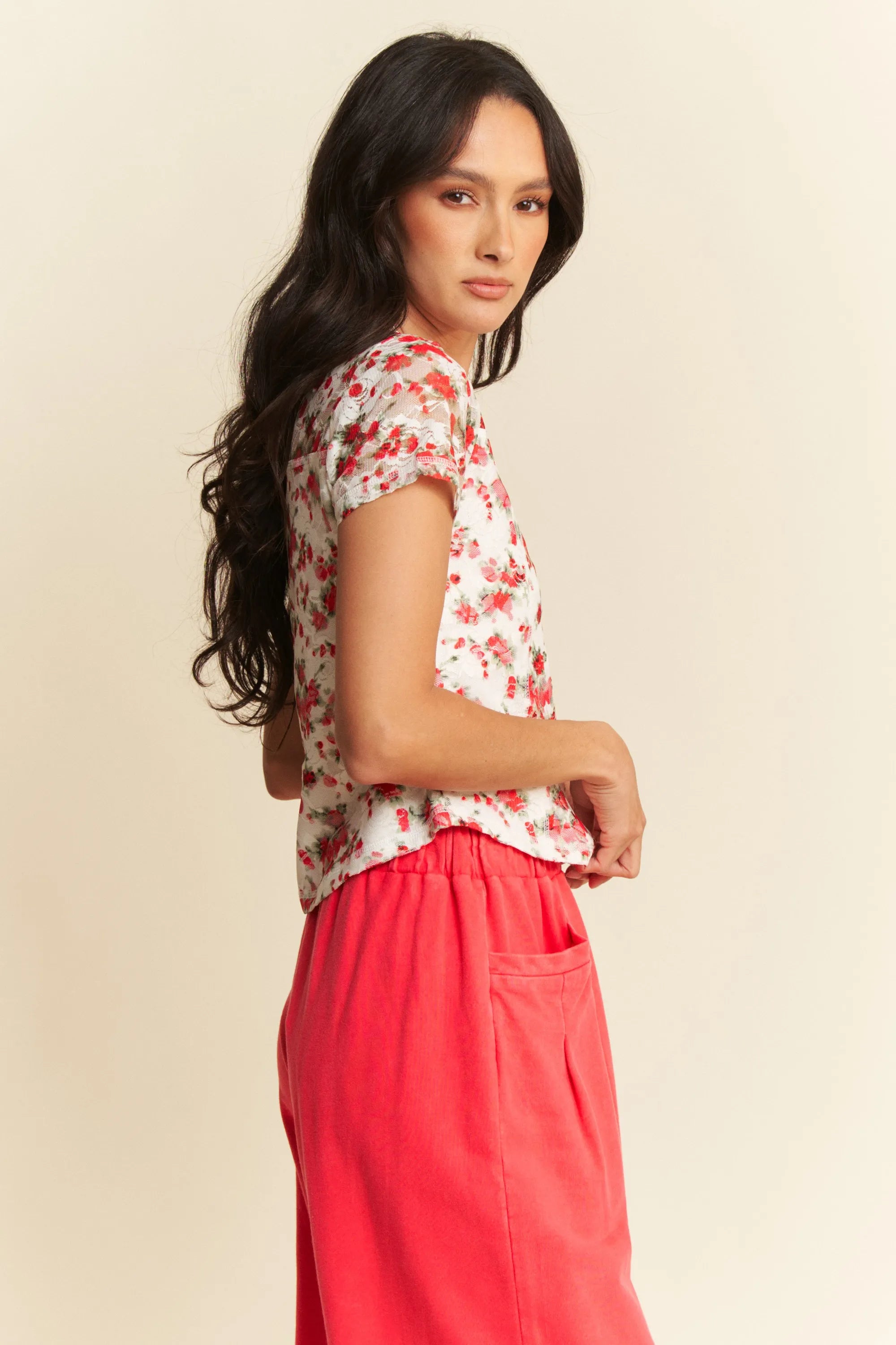 Davi & Dani Ribbon Short Sleeve Layered Mesh Top