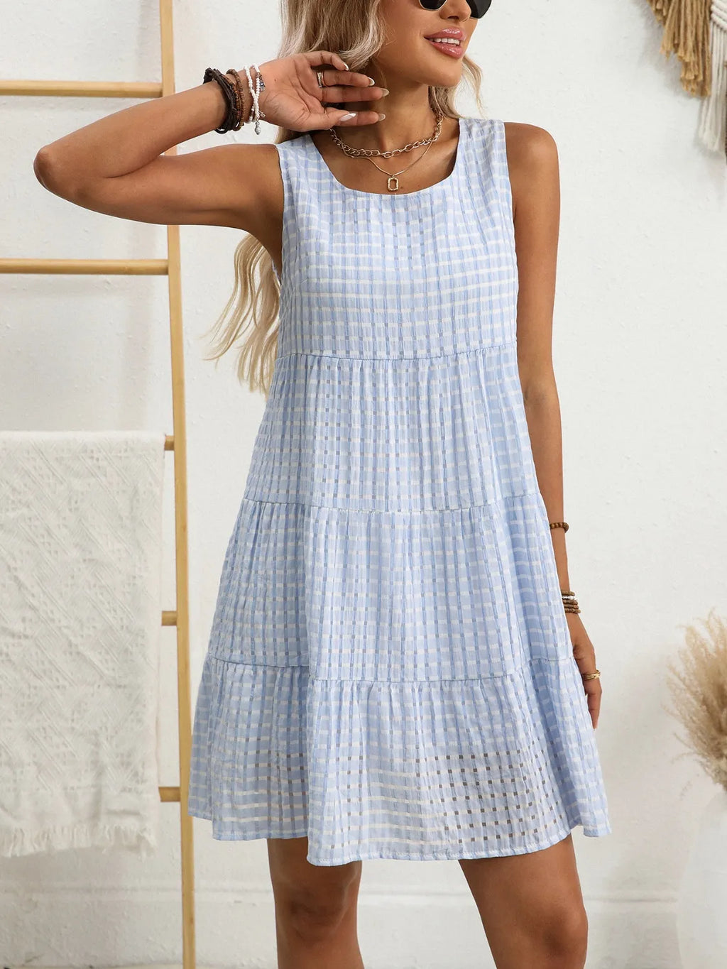 Plaid Round Neck Sleeveless Mini Dress