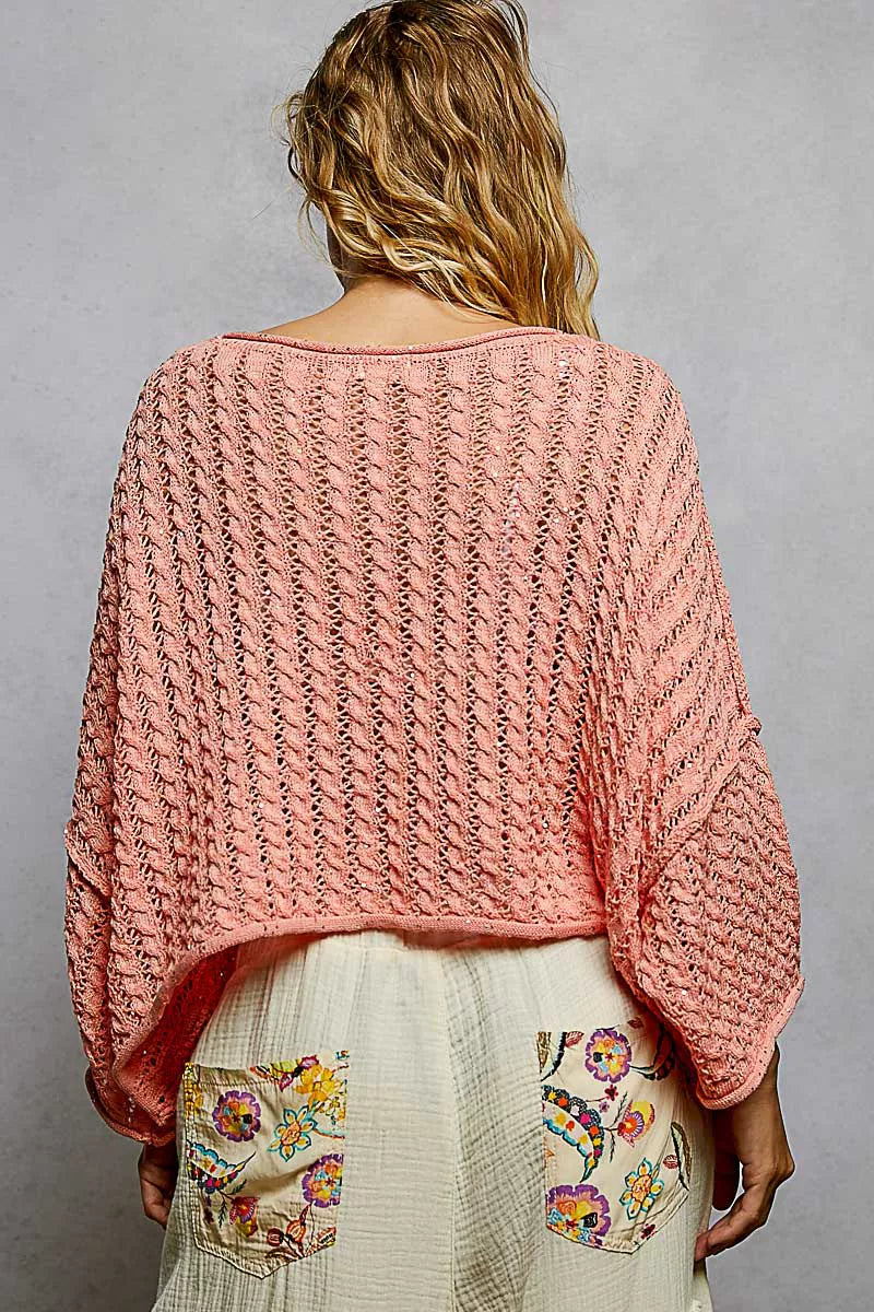 POL Cable-Knit Openwork Round Neck Cropped Sweater
