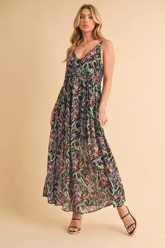 Aemi + Co Printed V-Neck Frill Tiered Cami Dress