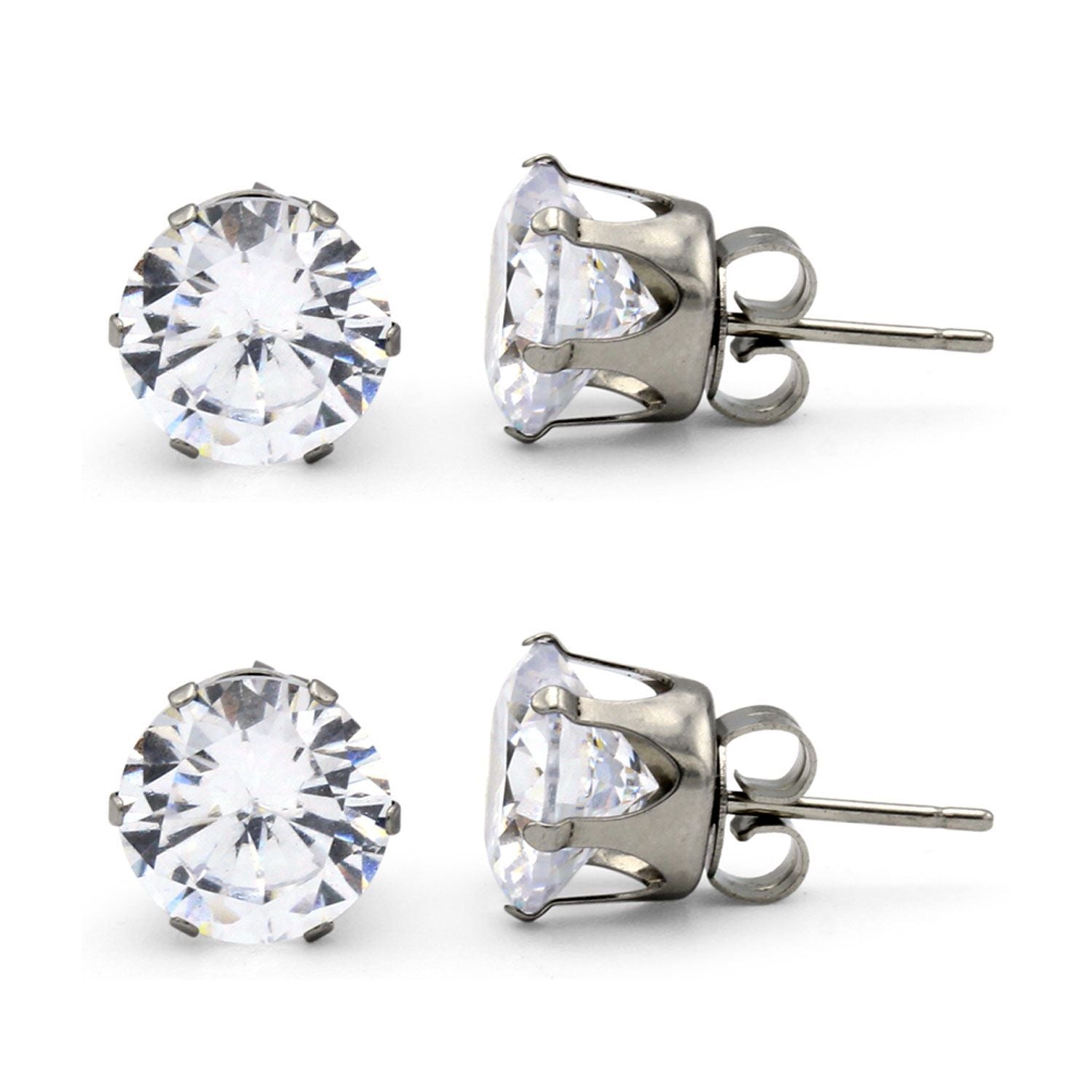 Cubic Zirconia Round Silver Stud Earrings Set Of 2 Stainless Steel Jewelry Men Women