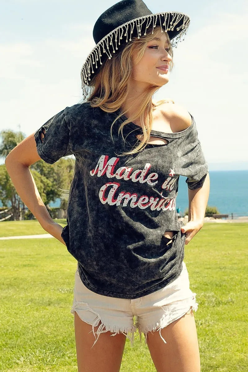 BiBi Laser Cut Mineral Washed America Print Top