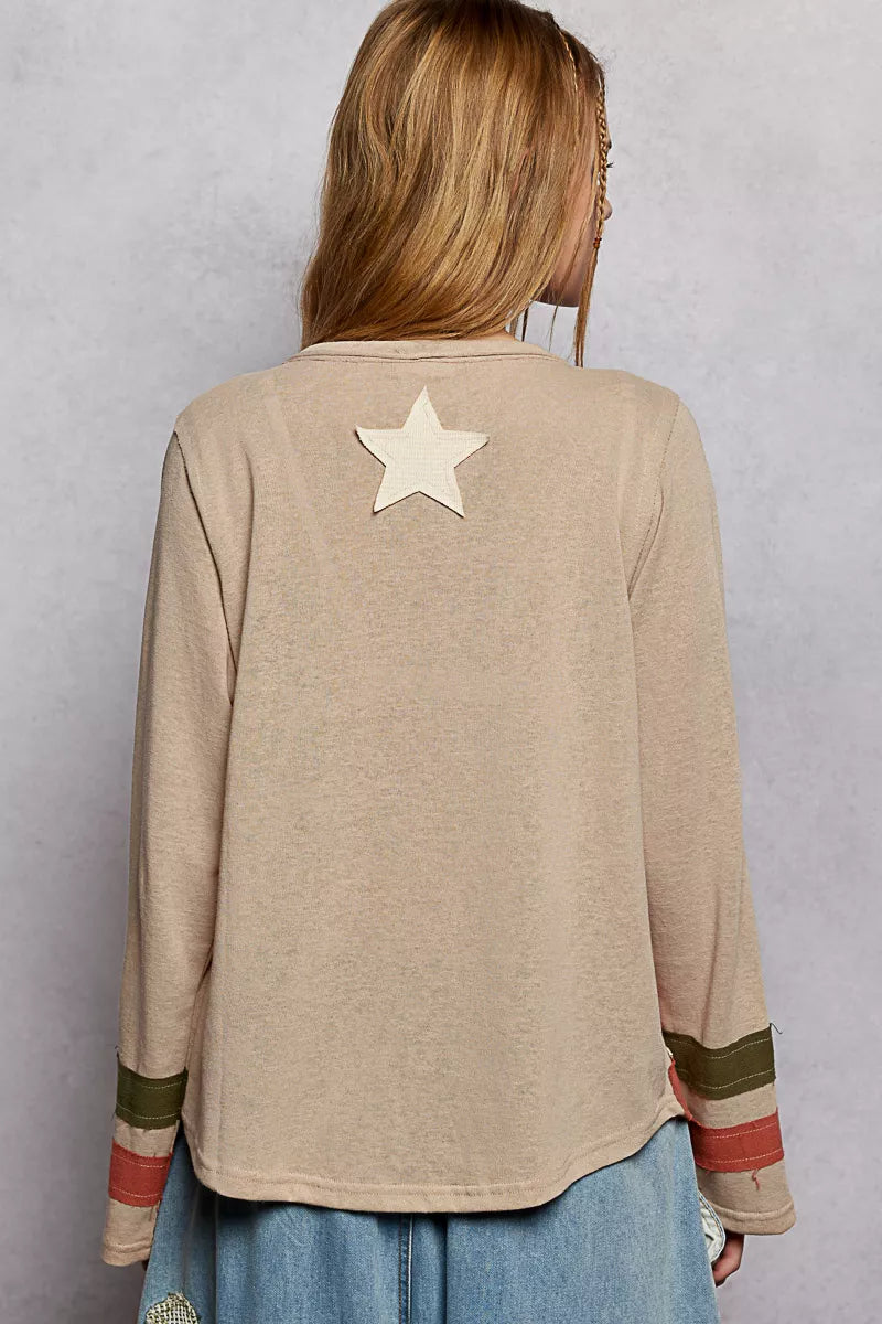 POL Double Gauze American Flag Patch V-Neck Long Sleeve T-Shirt