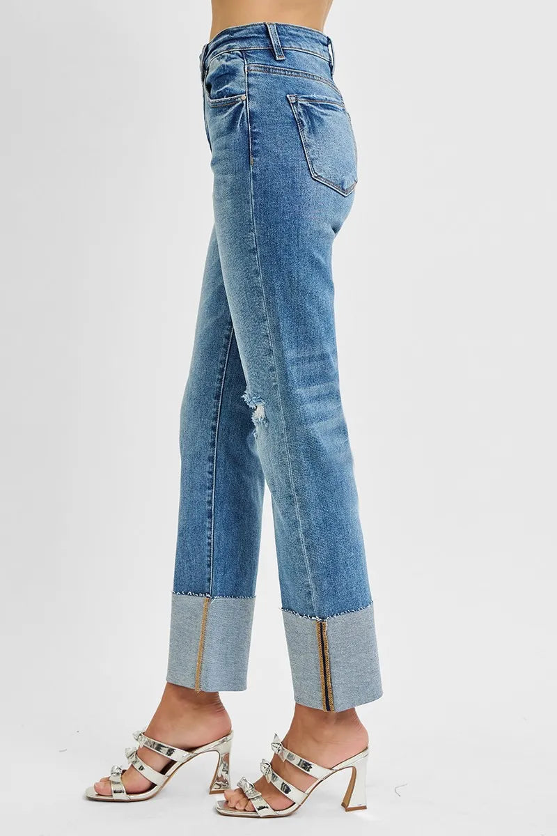 RISEN Full Size High Rise Ankle Straight Wide Cuffed Jeans Plus Size