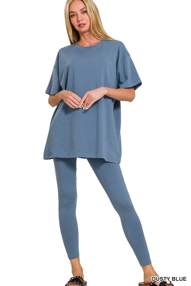 Zenana Cotton Round Neck Top & Legging Set