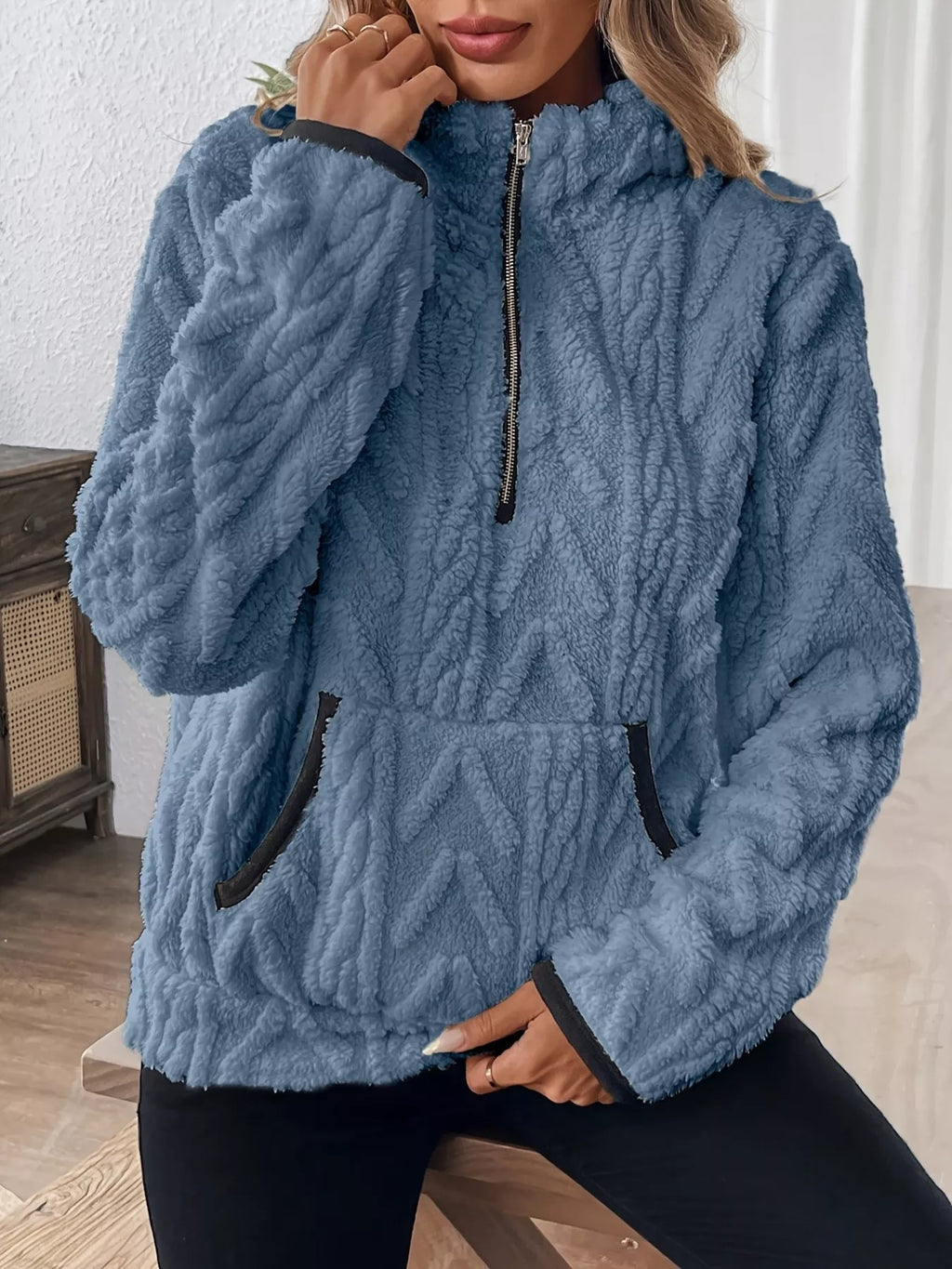 Full Size Half Zip Kangaroo Pocket Sweatshirt Plus Size