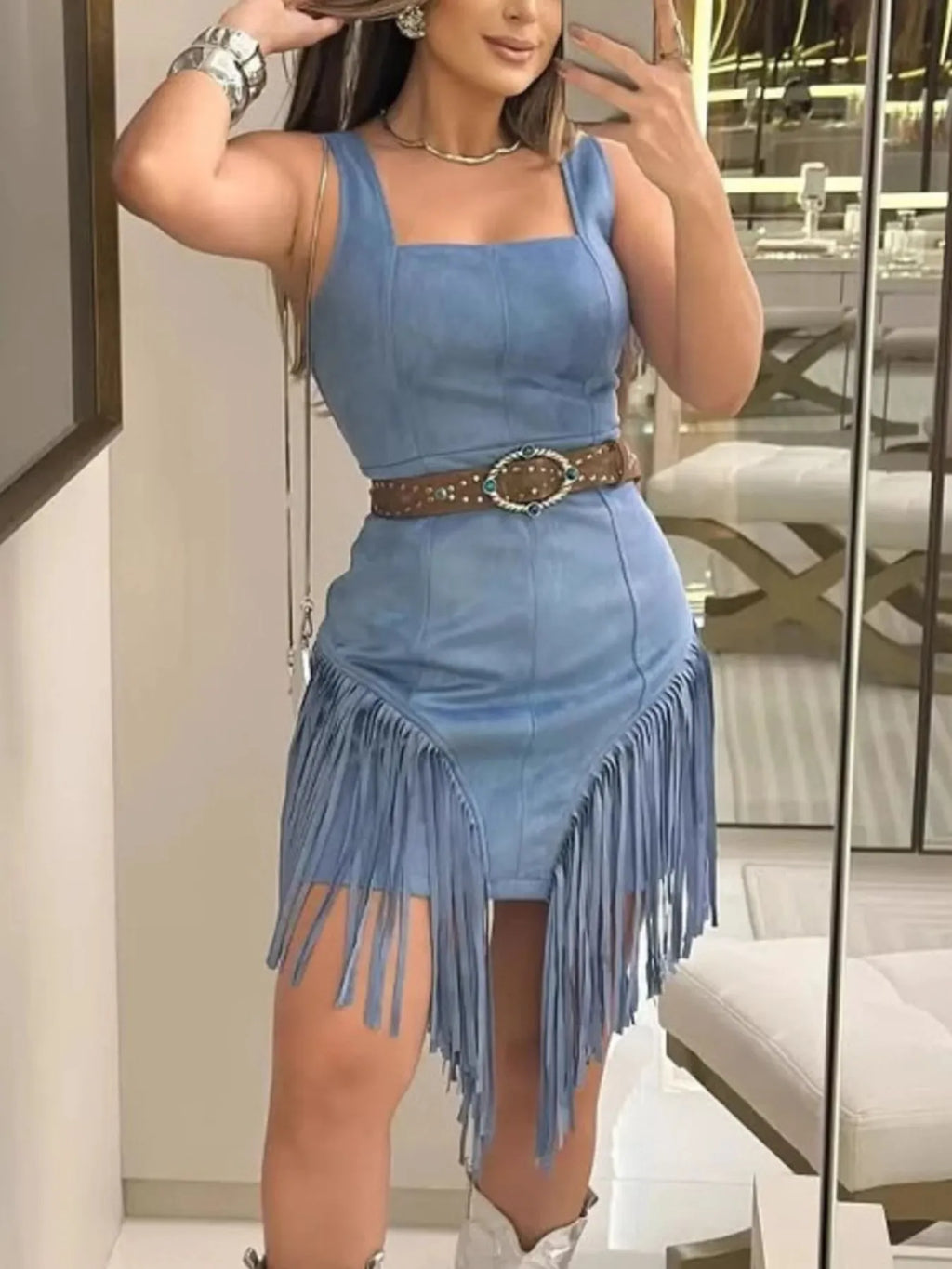 Fringe Square Neck Bodycon Mini Dress