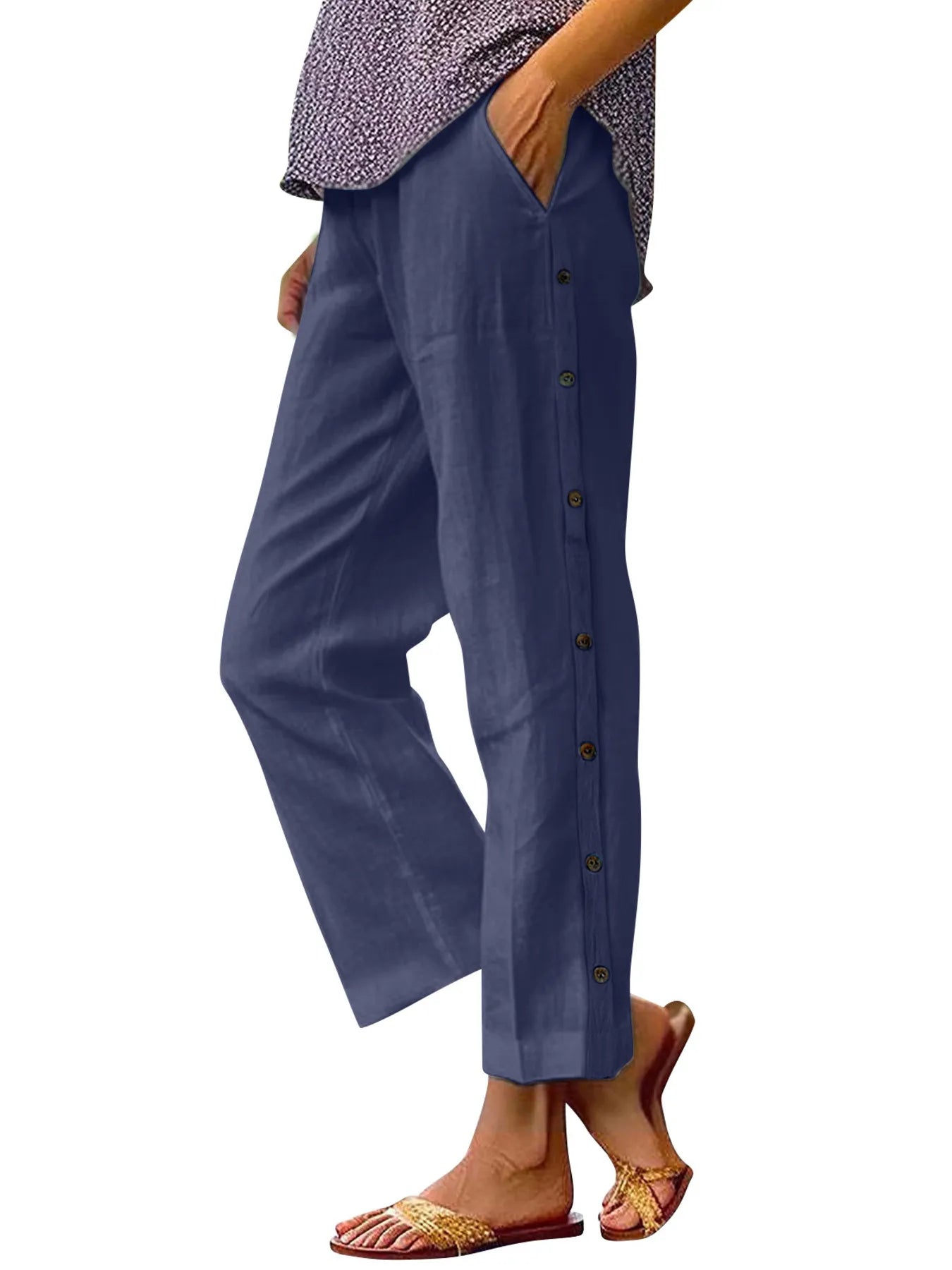 Full Size Side Decor Button Casual Wide Leg Pants Plus Size