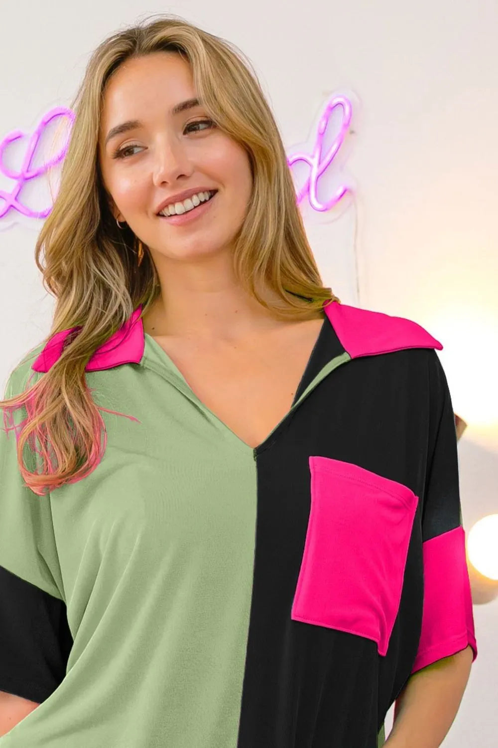 BiBi Slinky Knit Color Block V Neck Front Top