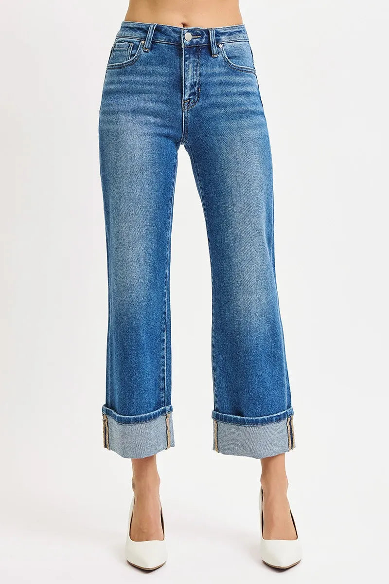 RISEN Full Size Mid Rise Crop Straight Cuffed Jeans Plus Size