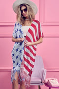BiBi American Flag Theme Fringed Knit Cardigan