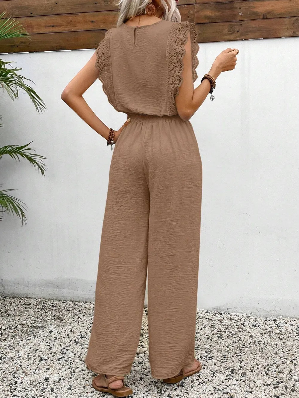 Lace Trim Round Neck Top and Pants Set