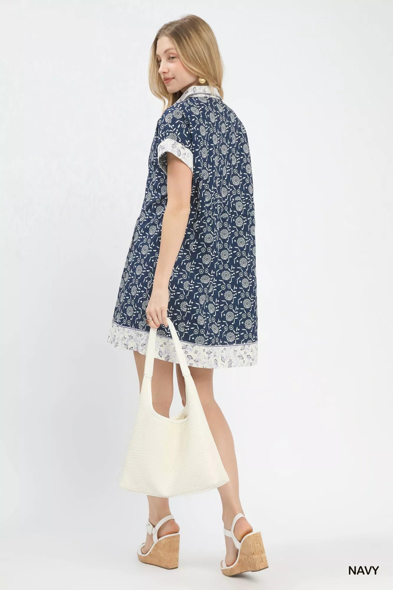 Umgee Border Print Belted Shirt Dress