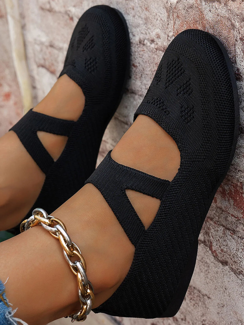 Knit Mary Jane Slip-On Loafers with Strap