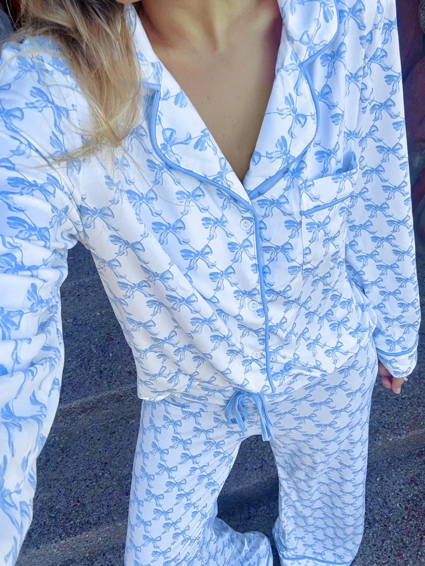 Bow Print Long Sleeve Shirt and Pants Pajama Set