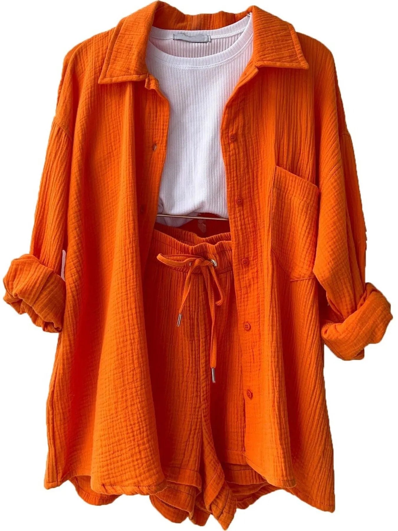 Textured Button Up Shirt and Shorts Set