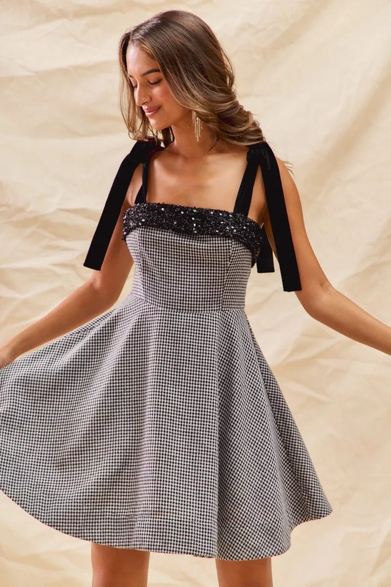 SO ME Houndstooth Fit Flare Mini Dress with Shoulder Tie
