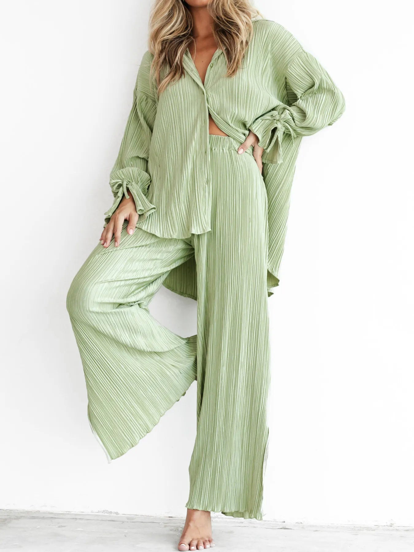 Button Up Long Sleeve Top and Pants Set
