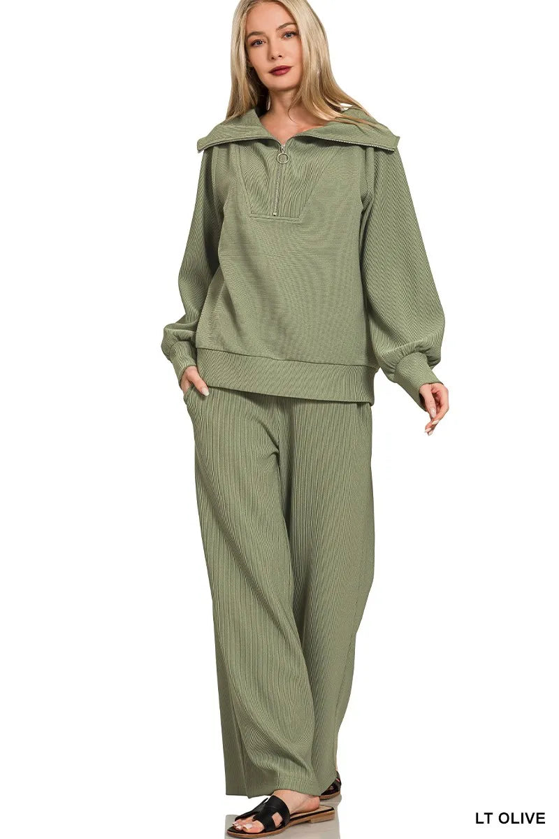 Zenana Ribbed High Neck Half Zip Pullover & Pants Set