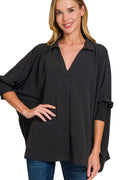 Zenana Airflow Collar Tee with Smocked Sleeve Band Top