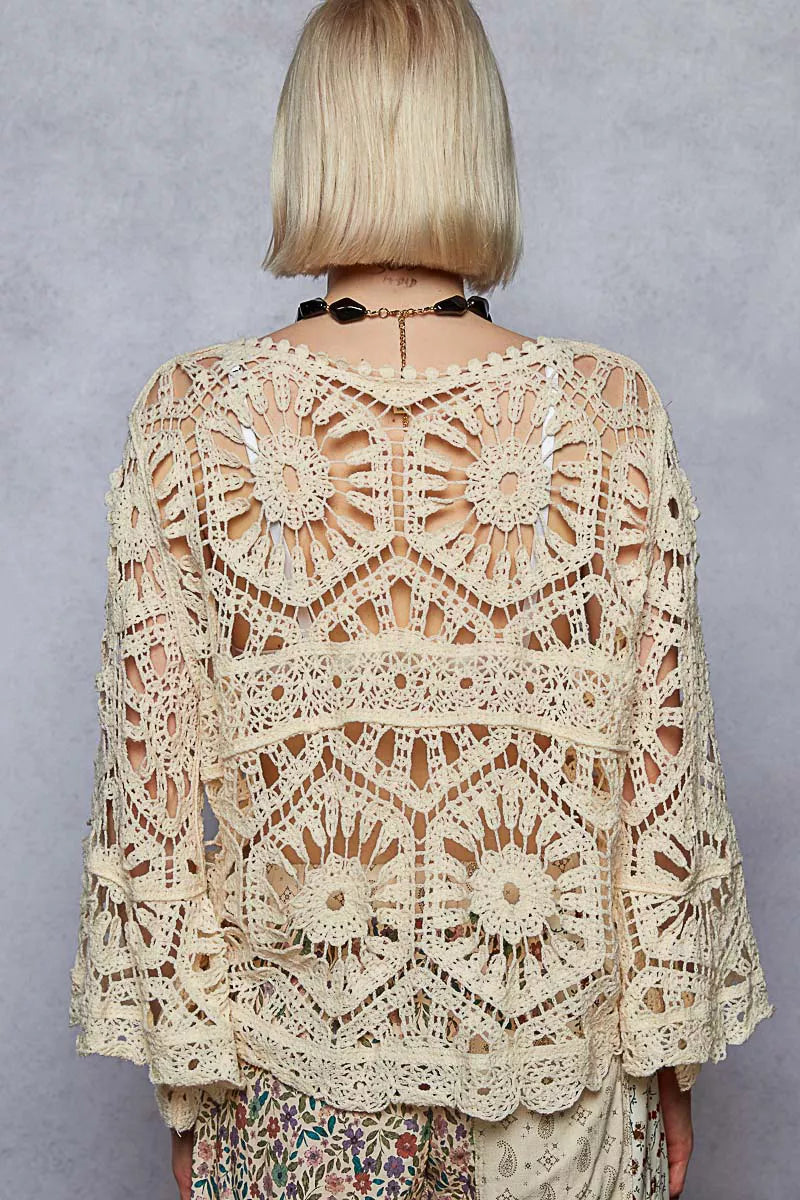 POL Round Neck Weave Knit Pattern Cropped Cover Up