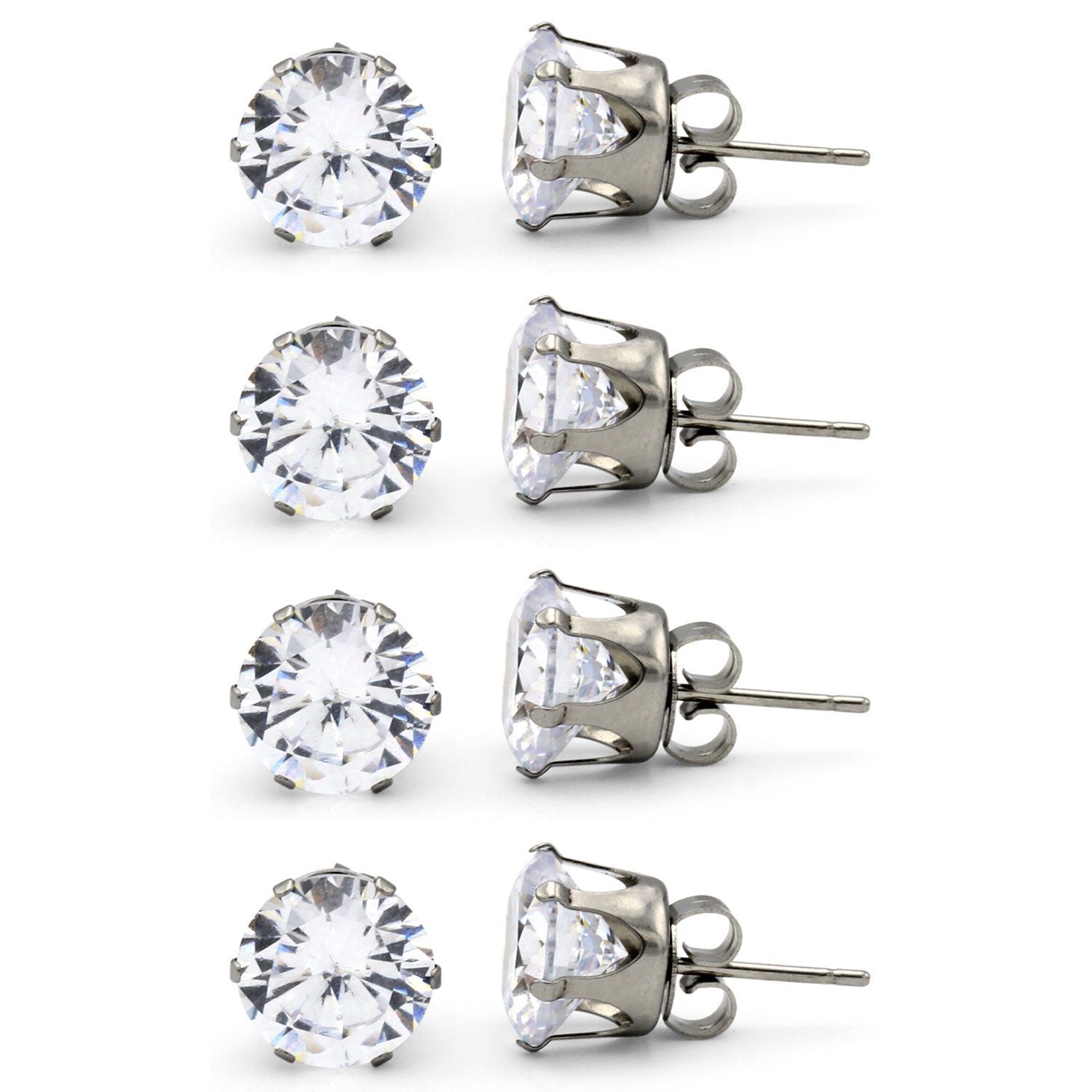 Cubic Zirconia Round Silver Stud Earrings Set Of 4 Stainless Steel Jewelry Men Women