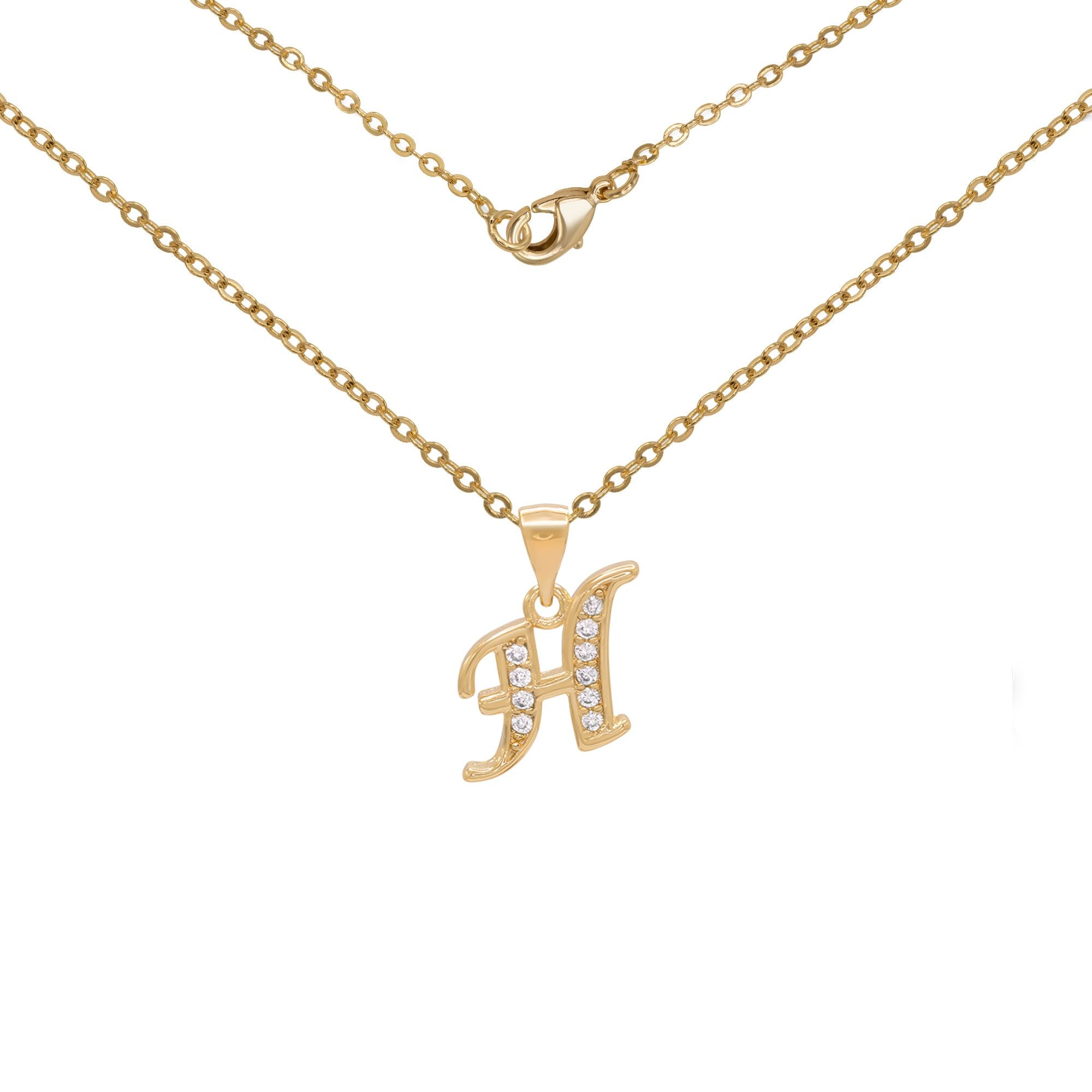 Initial Letter Pendant With Cubic Zirconia 18K Gold Filled Alphabet CZ Charm Rolo Chain Set 18" Necklace Women Girl Teen